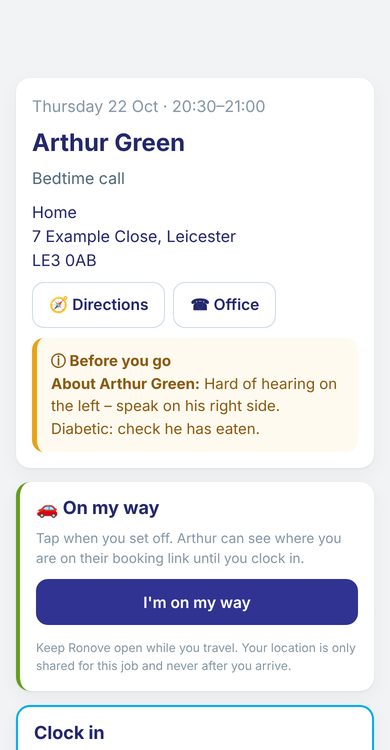Ronove app – Job details, travel and clock-in (demo data)